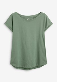 Jasnozielona koszulka, krótki rękaw z podwiniętymi mankietami, okrągły dekolt, miękka tkanina, lekko zaokrąglony dół, prosty design, bez widocznych wzorów.