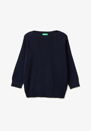 Granatowy sweter z długim rękawem, o okrągłym dekolcie, z prążkowanymi mankietami i dolnym brzegiem, ułożony na płasko na białym tle.