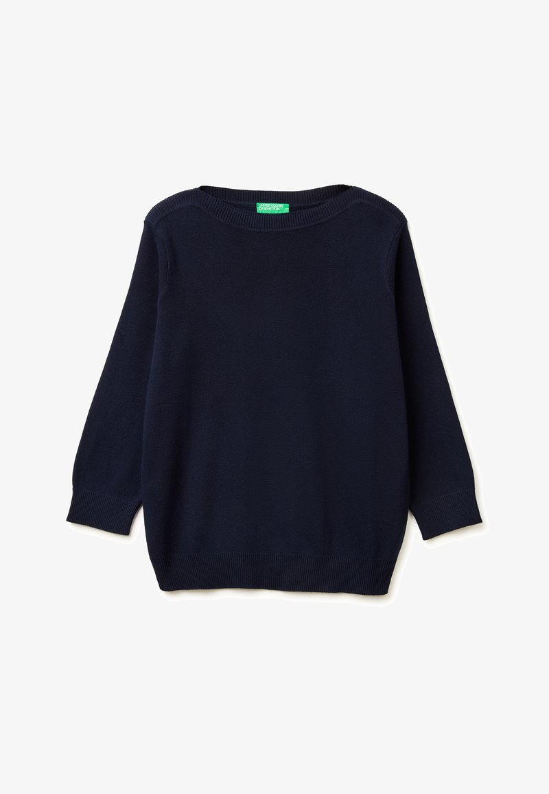 Námořnicky modrý dlouhý rukáv s kulatým výstřihem, svetr s žebrovanými manžetami a lemem, položený na bílém pozadí.