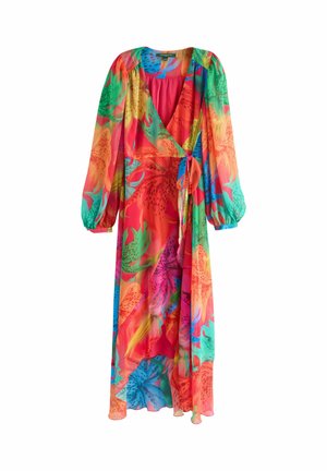 Blumenwickelkleid aus transparentem Stoff mit lebhaften Farben wie Pink, Grün und Blau. Lange �Ärmel und ein Taillenzugdetail.