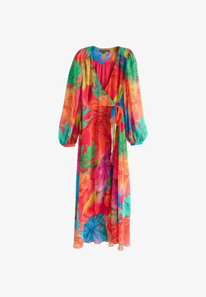 Lillelillekleit, mis on valmistatud läbipaistvast kangast ja featuring erksavärvid nagu roosa, roheline ja sinine. Pikad varrukad ja vöörihm.