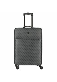 Valigia da viaggio grigia con un motivo testurizzato, dettagli neri, quattro ruote e un manico retrattile. Presenta una tasca frontale con zip.