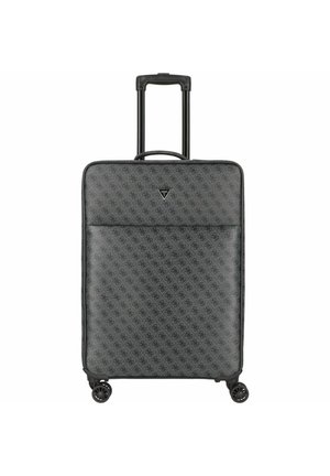 Valigia da viaggio grigia con un motivo testurizzato, dettagli neri, quattro ruote e un manico retrattile. Presenta una tasca frontale con zip.