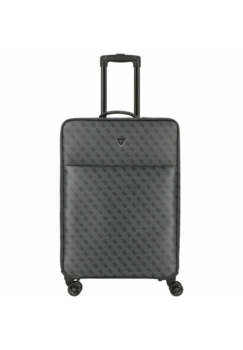Valigia da viaggio grigia con un motivo testurizzato, dettagli neri, quattro ruote e un manico retrattile. Presenta una tasca frontale con zip.