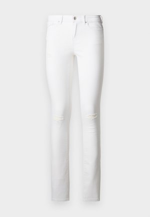 Vaqueros blancos de corte ajustado con leve desgaste en ambas rodillas, cierre frontal con botón y diseño de cinco bolsillos.