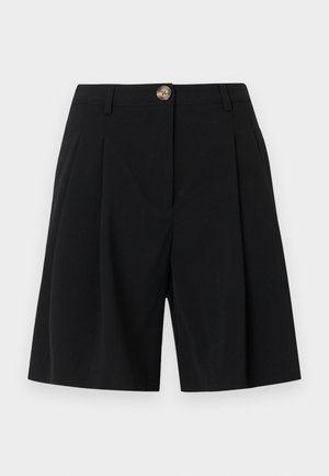 Black knee-length tailored shorts with front pleats, belt loops, and a single brown button closure at the waist.
