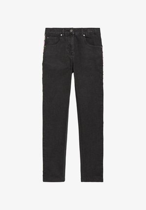 Schwarze Denim-Jeans mit klassischem Fünf-Taschen-Design und Knopfverschluss, flach auf weißem Hintergrund präsentiert.