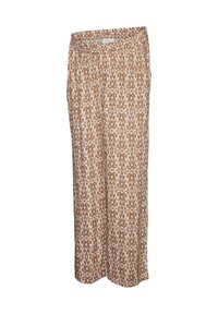 Brązowe, wzorzyste spodnie o szerokich nogawkach z białym abstrakcyjnym wzorem, wykonane z lekkiego materiału. Posiadają elastyczny pas dla wygody.