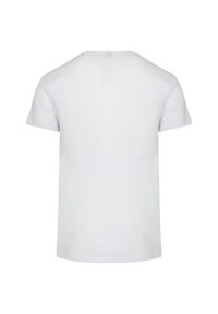 Hvid kortærmet T-shirt med rund halsudskæring. Lavet af bomuld, glat tekstur, lige snit, og uden synlige udsmykninger eller mønstre.