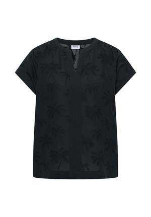 Sort bluse med korte ærmer med diskrete broderede palme mønstre og en lille V-formet slids ved kraven.
