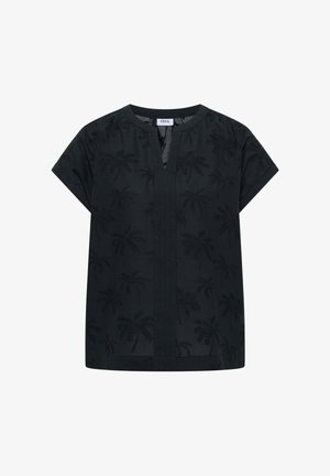 Sort bluse med korte ærmer med diskrete broderede palme mønstre og en lille V-formet slids ved kraven.