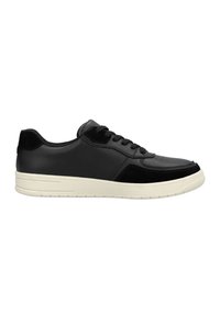 Schwarze Sneaker mit einem Obermaterial aus Leder und Wildleder, Schnürdesign und einer kontrastierenden cremefarbenen Gummisohle für besseren Halt.