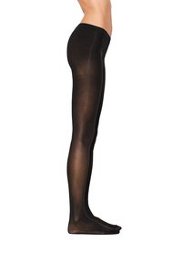 Collants noirs avec une finition transparente, longs, et d'une texture lisse, conçus pour épouser étroitement la jambe. Pas de motifs ni d'ornements visibles.