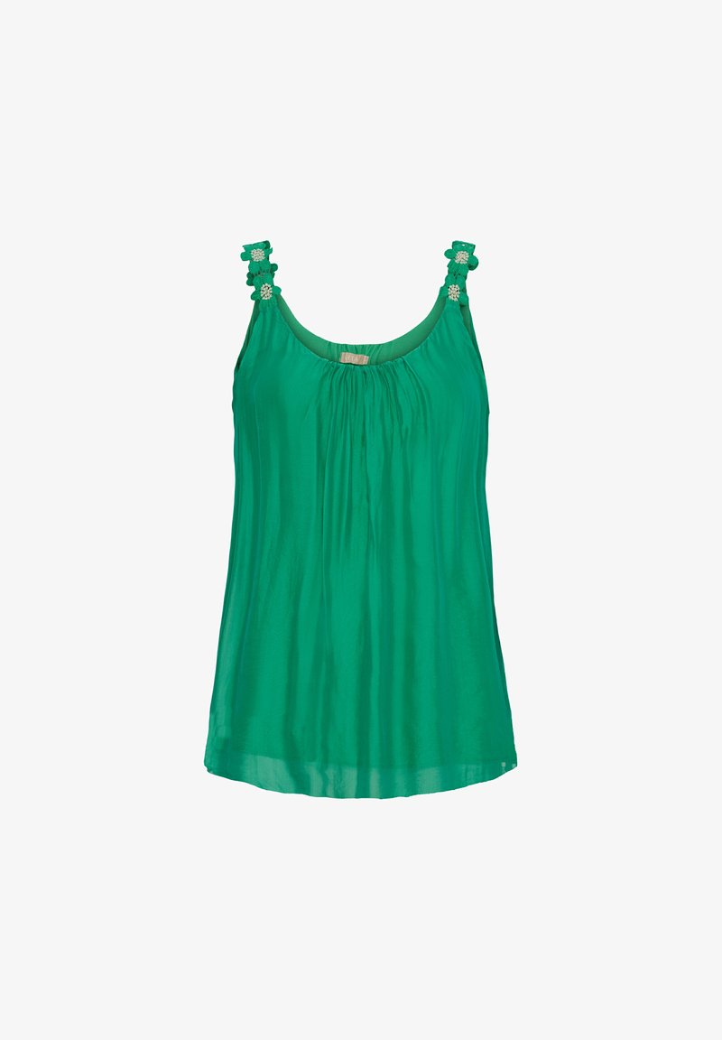 Grøn ærmeløs top med sammensnørret halsudskæring, blomster-prydede stropper og en afslappet pasform. Fremstillet af blødt, letvægts stof.