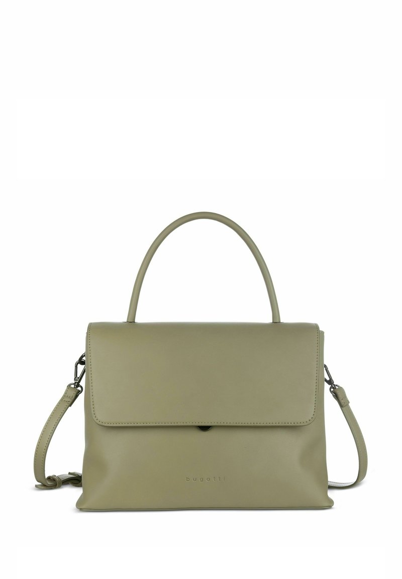 Borsa a tracolla in pelle verde oliva con un design strutturato, manico superiore e tracolla regolabile; presenta una chiusura a pattina e un logo impresso.