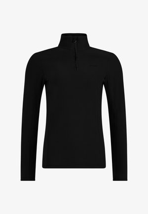 Pullover nero a maniche lunghe con colletto a zip. Presenta una texture morbida e un dettaglio con logo sul petto. Vestibilità classica per versatilità.