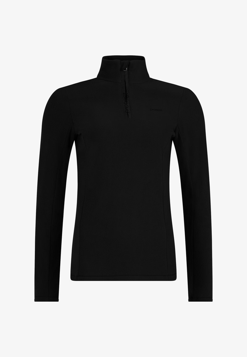 Pullover nero a maniche lunghe con colletto a zip. Presenta una texture morbida e un dettaglio con logo sul petto. Vestibilità classica per versatilità.