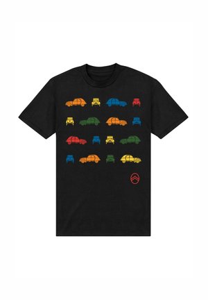 Sort t-shirt i sort bomuld med farverige bilsilhuetter i orange, rød, gul, grøn, blå og teal arrangeret i et gittermønster.