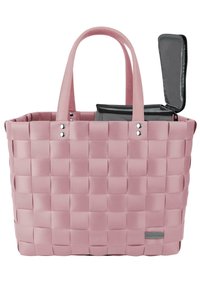 Woven pink tote bag with smooth texture, sturdy handles, and a removable, black insulated insert for cooler items. Silver hardware accents.