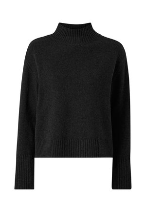 Pull en mailles épaisses de couleur noire avec un col montant à côtes, des épaules tombantes et un ourlet à côtes. Manches longues avec une coupe droite. Texture douce.