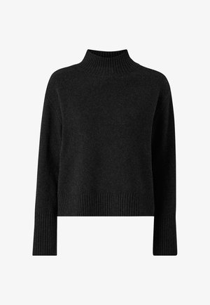 Maglione nero con lavorazione chunky e colletto alto a costine, spalle scese e orlo a costine. Maniche lunghe con design dritto. Tessuto morbido.