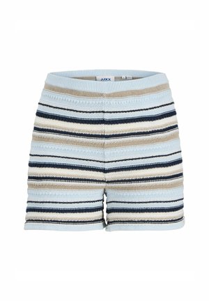 Gebreide shorts met een brede elastische tailleband, met horizontale strepen in lichtblauw, beige en marineblauw, die een gestructureerd oppervlak tonen.