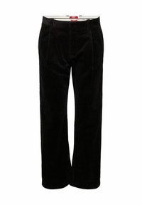 Mustat corduroy-housut, joissa on suora lahjesuunnittelu, etupuolella laskokset, vyötärö vyölenkeillä ja sileä sisävuori.