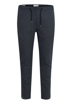 Dunkelgraue gemusterte Hose mit Slim-Fit-Schnitt, elastischem Bund, Kordelzugverschluss und seitlichen Taschen für Funktionalität.