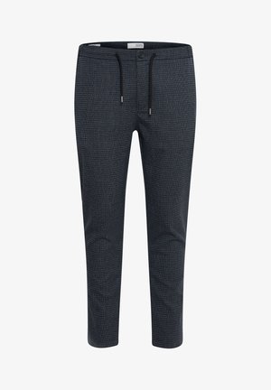 Dark gray patterned pants with a slim fit, featuring an elastic waistband, drawstring closure, and side pockets for functionality.