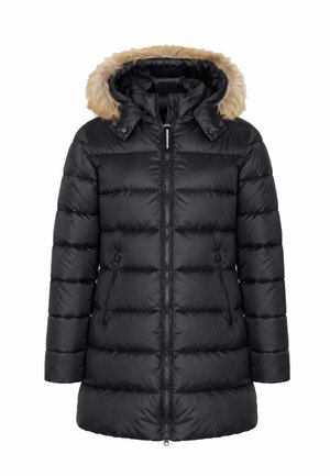 Cappotto invernale trapuntato nero con cerniera frontale, due tasche laterali con cerniera e cappuccio foderato in pelliccia sintetica marrone chiaro.