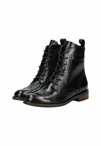Stivaletti neri in pelle con design alla caviglia, chiusura con lacci, dettagli brogue, punta rotonda e tacco piccolo impilato. Texture liscia con cuciture in evidenza.
