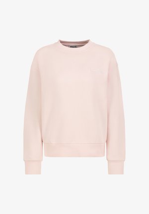 Light pink sweatshirt made of soft fabric. Features a crew neckline, ribbed cuffs, and hem. Subtle branding on the front in matching color.