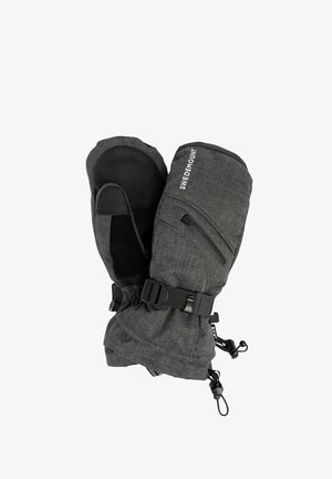 Moufles isolées grises avec un tissu texturé, des accents en cuir, des sangles ajustables au poignet et un logo à l'extérieur.