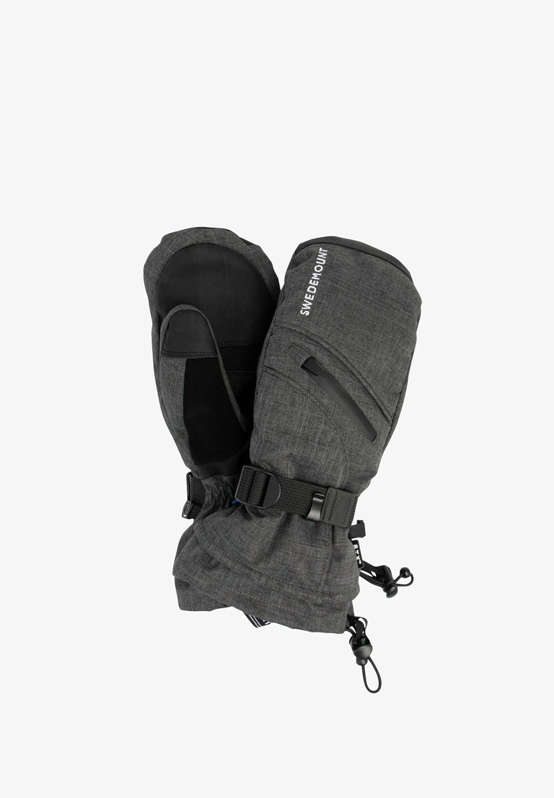 Graue isolierte Handschuhe aus strukturiertem Stoff, mit Lederakzenten, verstellbaren Handgelenkriemen und einem Logo auf der Außenseite.