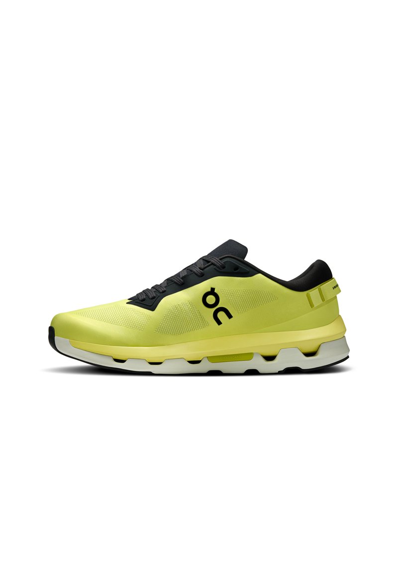 Lime green running shoe with black accents, breathable mesh upper, cushioned sole, and rounded toe design. Brand logo on side.