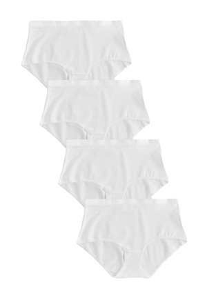 Viis paari valgeid puuvillast aluspükse, kõrge vöökohaga disain elastse vööga, sile tekstuur, ilma mustrite või kaunistusteta.