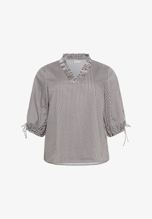 Blouse rayée à col en V, avec des manches bouffantes et des poignets froncés. Fabriquée en tissu léger dans des tons de gris et de blanc.
