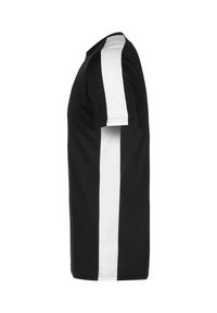 T-shirt sportivo nero con strisce bianche sui lati, maniche corte, scollatura rotonda e texture in mesh traspirante. Design a taglio dritto.