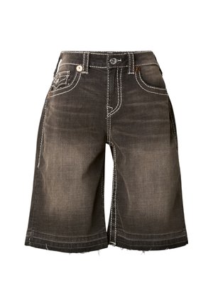 Zwarte denim shorts met een vervaagde afwerking, contrasterende stiksels, een ontwerp met vijf zakken en ruwe zoomranden. Wijd uitlopende pijpen en zichtbare knoopsluiting.