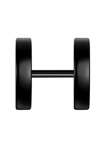 Haltère noir de forme cylindrique, présentant des poids lisses et arrondis à chaque extrémité et une poignée centrale de connexion.