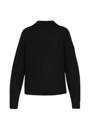 Mustamooduline kudumine sviiter kõrge kaelusega, lõdva lõike ja langevate õlgadega. Ribakudumisega mansetid ja ääred, pehme tekstuuriga.