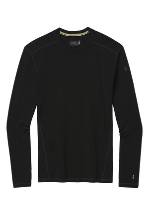 Svart långärmad tröja i ull, med rund halsringning, kontrasterande sömmar och en liten logotyp på ärmen med färgade accenter.