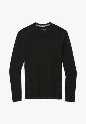 Black long-sleeve shirt made of wool, featuring a round neckline, contrasting stitching, and a small logo on the sleeve with colored accents.