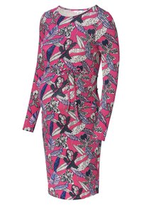 Robe de maternité rose vif ornée de motifs floraux et de feuilles. Elle comporte des manches longues, un col rond et une taille cintrée avec un détail à nouer.