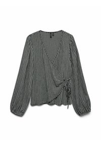Svart och vit rutad långärmad blus med omslag, sidofäste och elastiska ärmslut, liggande platt på en vit bakgrund.