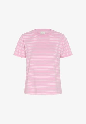 T-shirt rose à manches courtes avec col rond, fines rayures horizontales blanches et ourlet droit.