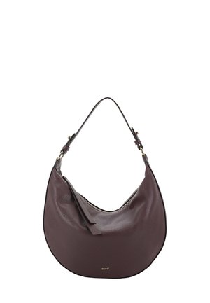 Burgundy leather handbag with a crescent shape, textured surface, and a detachable shoulder strap. Features a zip closure and gold logo accent.