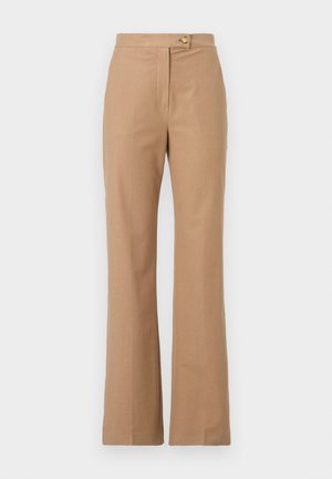 Beige skreddersydde bukser med en utsvingt silhuett, laget av glatt stoff, med frontknapplukking og to sidelommer.