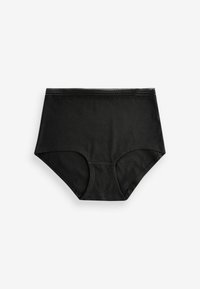 Schwarze hochgeschnittene Unterwäsche aus weichem Baumwollstoff, mit einer glatten Textur und zarten Spitzenbesätzen entlang des Taillenbunds.