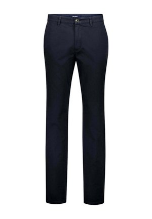Gerade geschnittene marineblaue Hose mit Gürtelschlaufen, Vorderknopf und Reißverschluss, auf weißem Hintergrund dargestellt.
